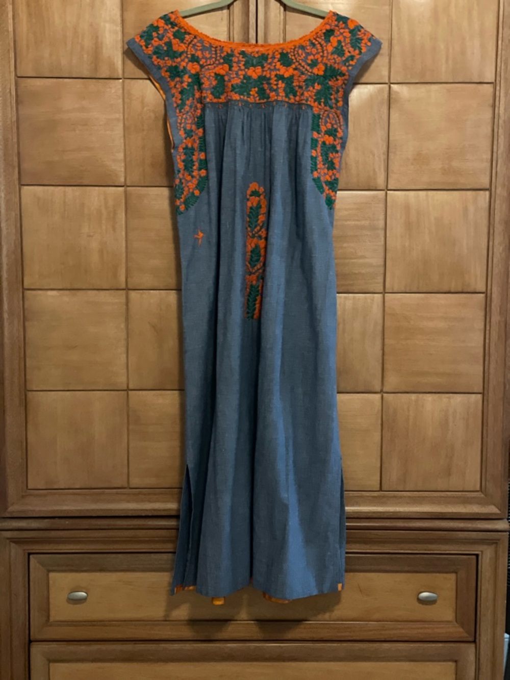 Mi Golondrina Blue Midi Dress with Orange Embroidered Yoke